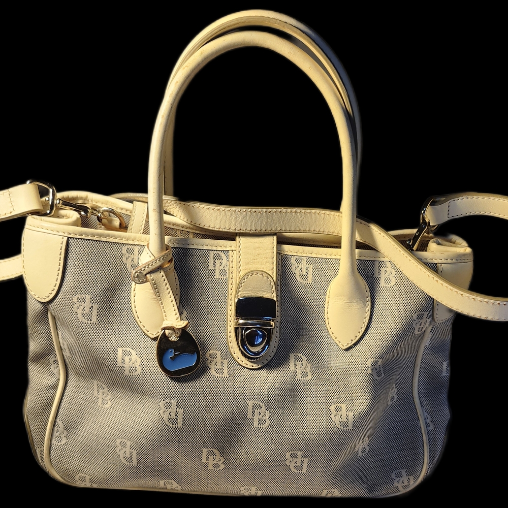 Cream Satchel with Gold Hardware and Monogram Pattern